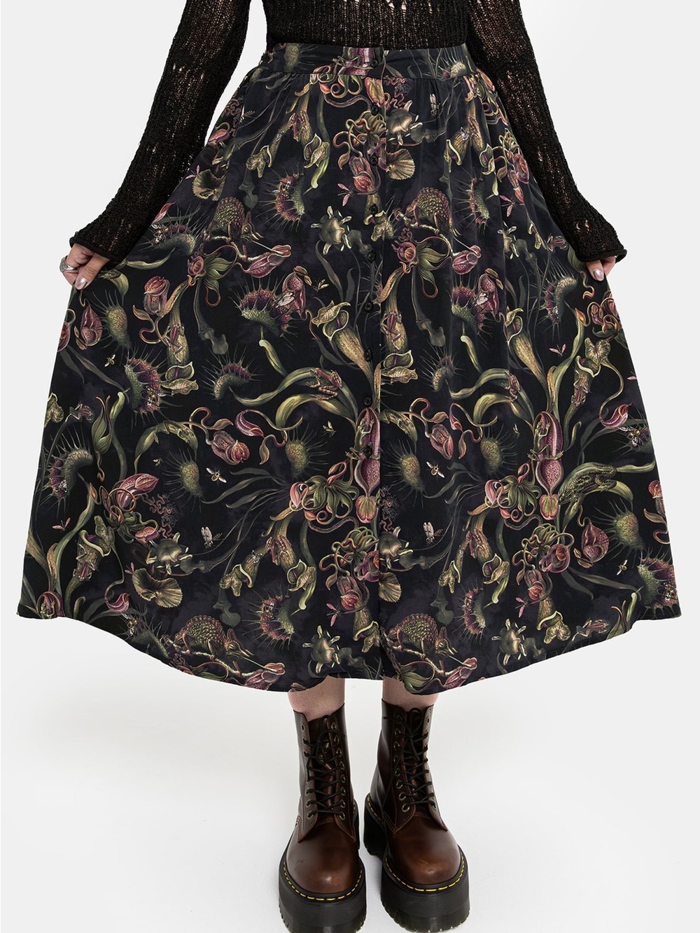 Dionaea Flytrap Print Viscose Midi Skirt